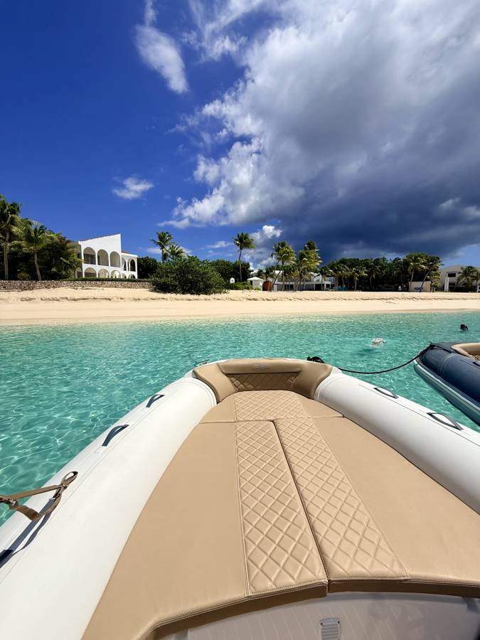 Bain de soleil avant du semi-rigide, mouillé devant une plage de sable blanc bordée de cocotiers, Saint-Martin